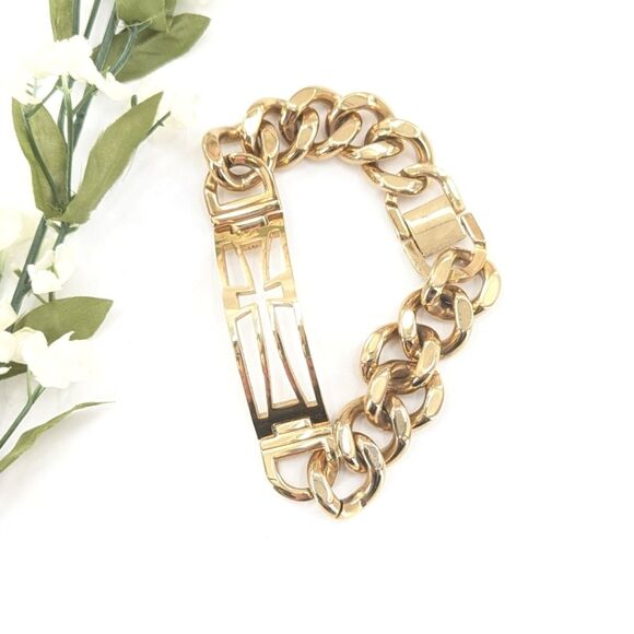 Stainless Steel Chunky Gold Tone Cross Statement Cut Out Heavy Bracelet - Picture 1 of 3